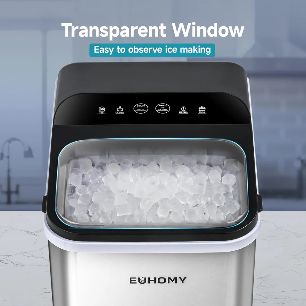 Machine à glaçons de comptoir EUHOMY – Prête en 8 minutes. 16 kg/24 h. Autonettoyante. Machine à glaçons portable avec pelle et seau. Glaçons comestibles produits par ultrasons pour la maison, les fêtes, le camping ou les caravanes.