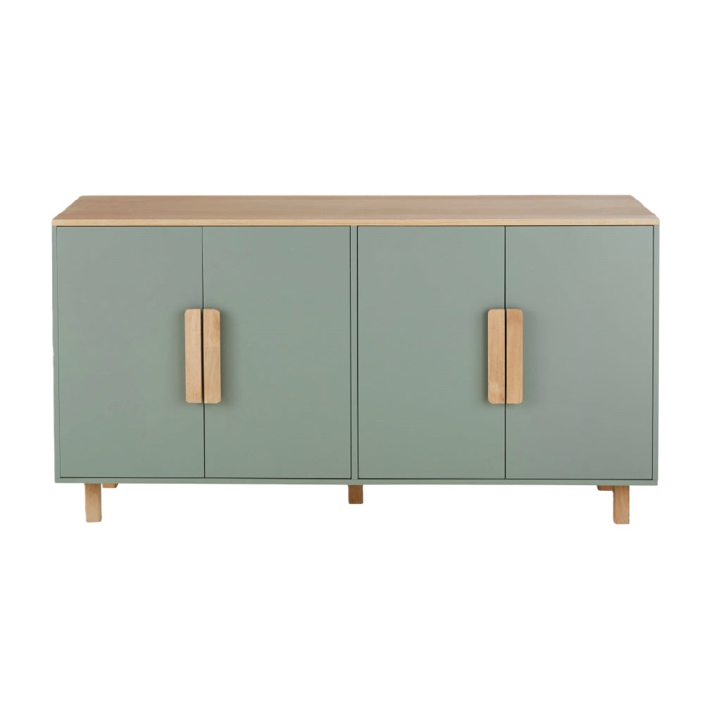 Buffet vert sauge à 4 portes — plateau bois clair — design scandinave / moderne