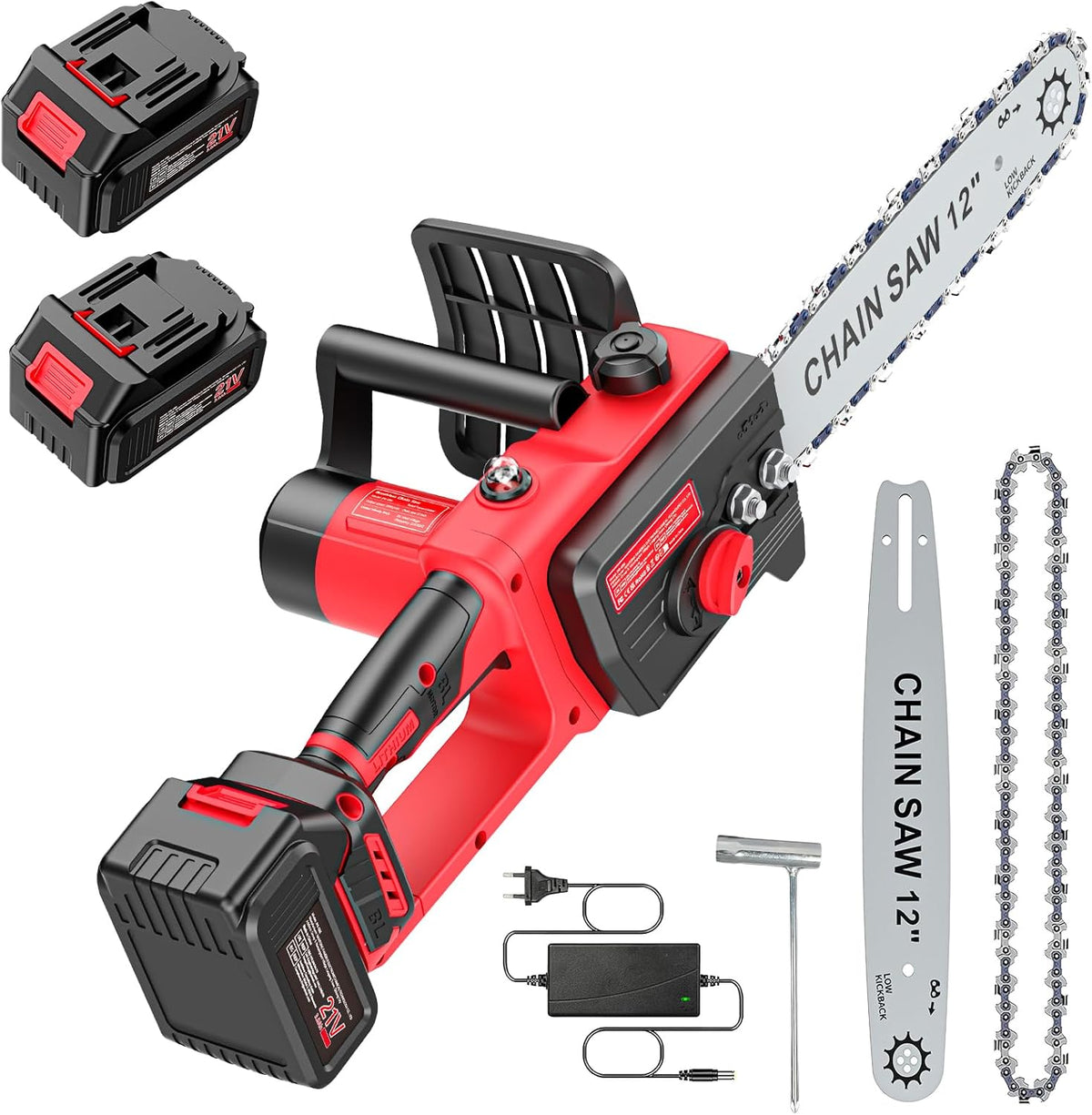 Brushless Trononneuse avec batterie 3000mAh * 2, 12 pouces scie à chane électrique sans fil, scie à chane électrique à une main, scie à chane manuelle sans fil avec verrouillage de sécurité