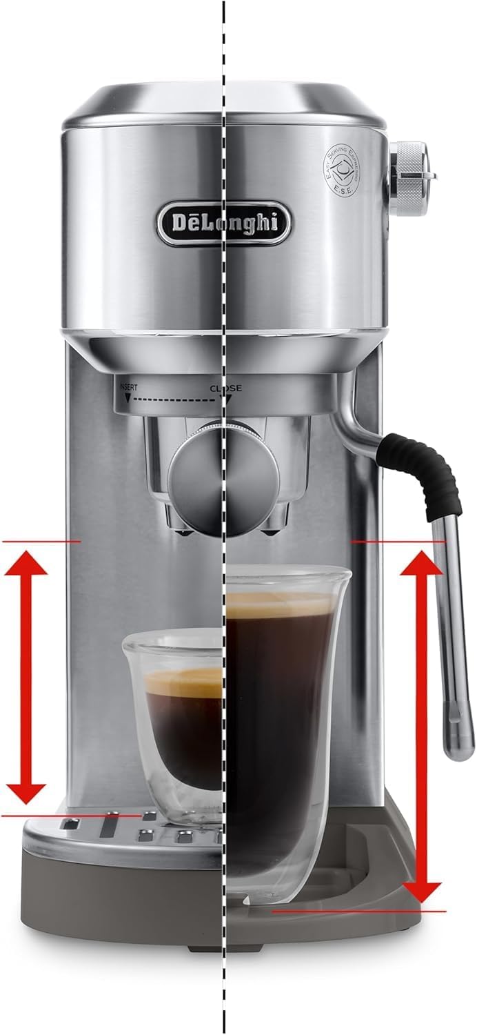 Machine à café De'Longhi Dedica - Acier inoxydable, pompe, pour café moulu ou dosettes, expresso et cappuccino, réservoir de 1,3 litre, système anti-gouttes, modèle EC685.M, couleur métal