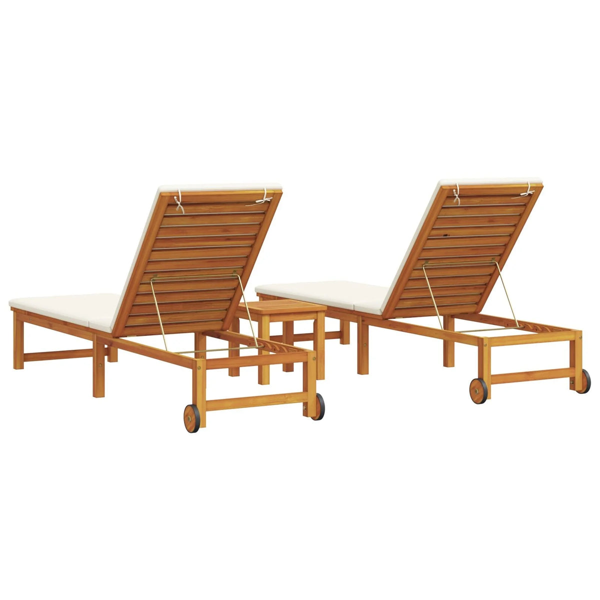 Ensemble de 2 chaises longues avec table et coussins en bois d'acacia massif (réf. 2025). Chaise longue avec coussins crème en bois d'acacia massif. Table d'appoint de jardin 35 x 35 x 34 cm en bois d'acacia massif (réf. V8526).