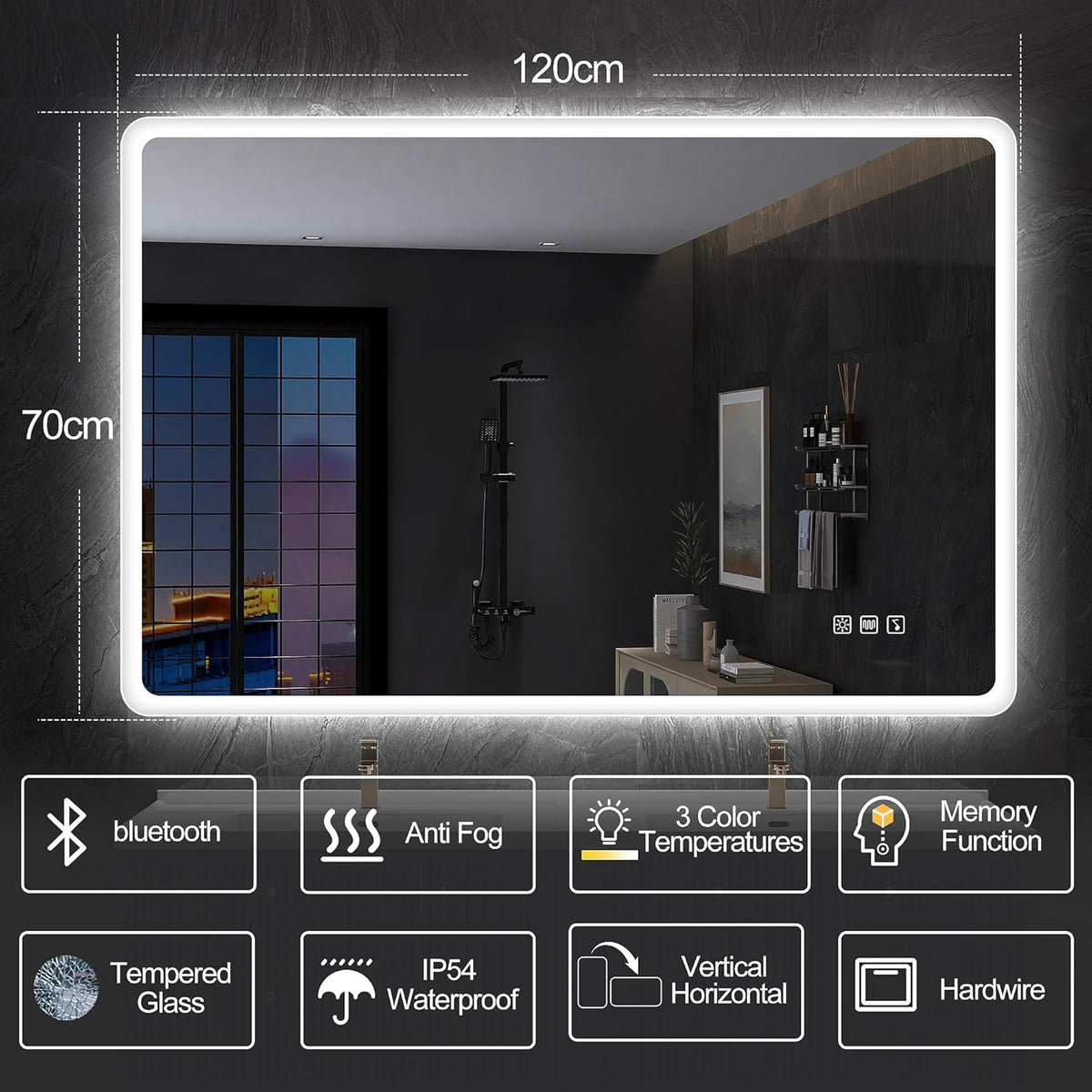 Miroir de salle de bain S'bagno avec éclairage 1200 x 700 mm, IP44, LED, Bluetooth, antibuée, 3 couleurs de lumière (3 000 K, 4 000 K, 6 500 K), intensité variable, mémoire, vertical ou horizontal. Miroirs de salle de bain avec LED.
