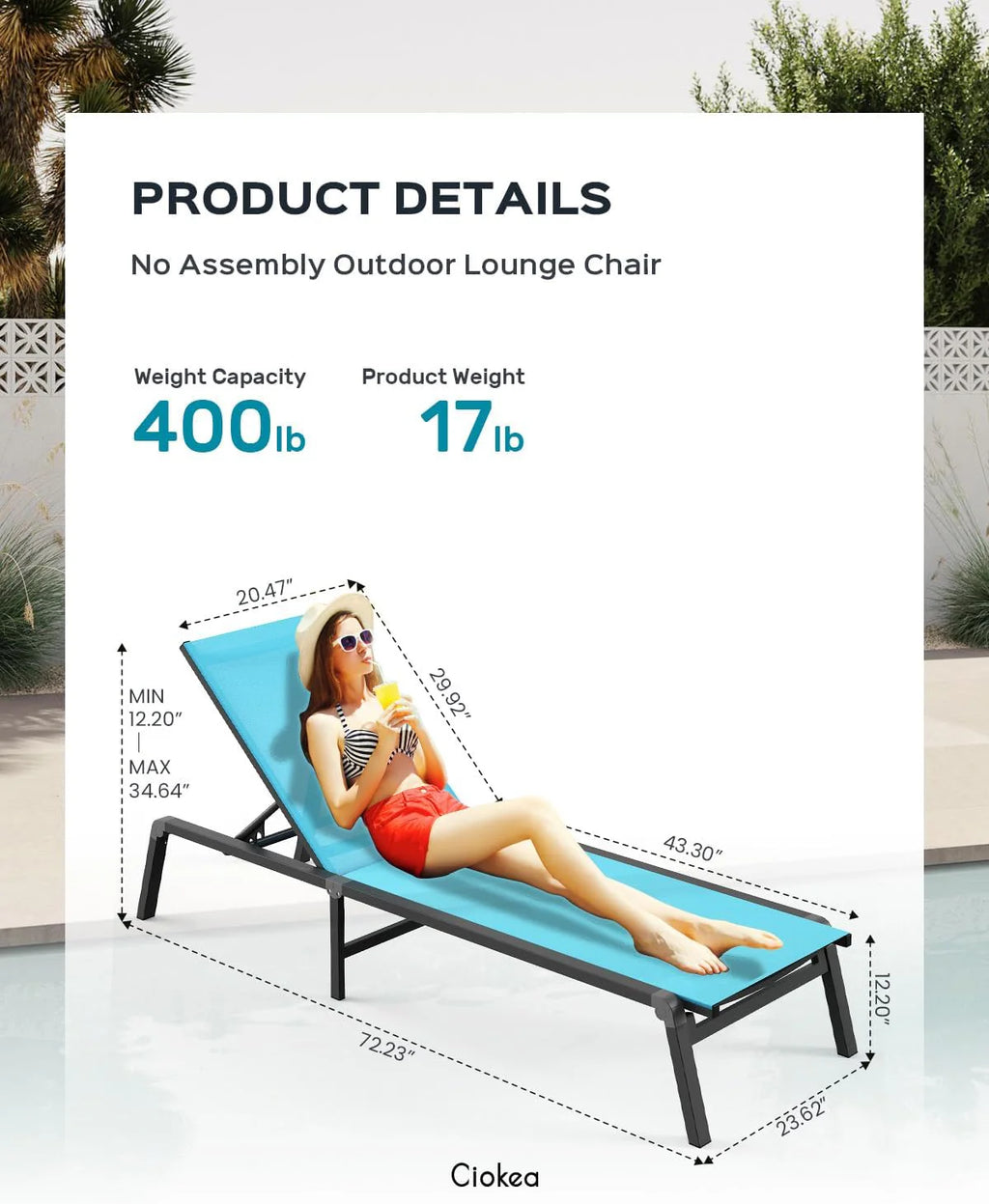 Chaise longue de jardin pliante en aluminium, sans montage, avec dossier réglable 5 positions, idéale pour terrasse, piscine et plage – Noir