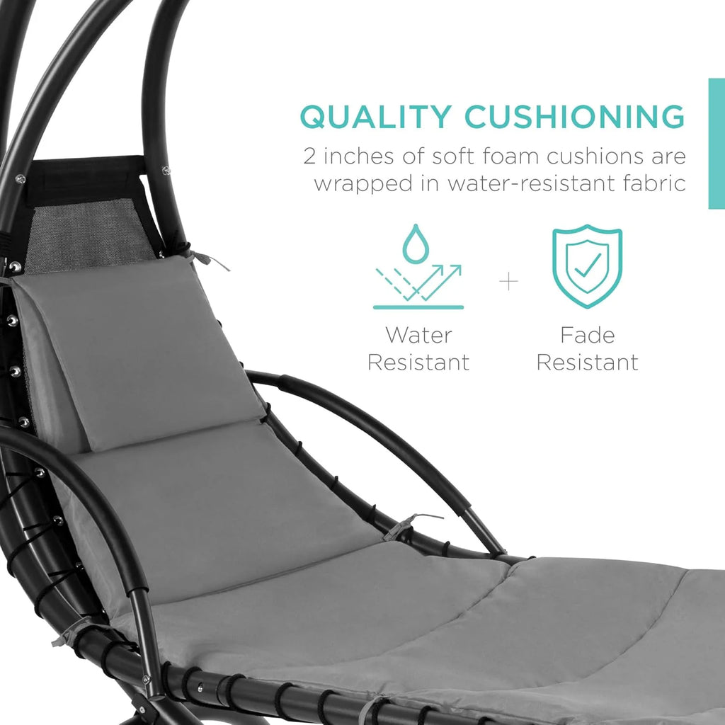 Chaise longue suspendue d'extérieur Best Choice Products – Fauteuil à bascule incurvé en acier avec coussin intégré et auvent amovible – Gris anthracite