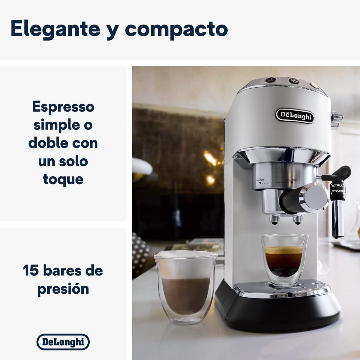 Machine à café De'Longhi Dedica - Acier inoxydable, pompe, pour café moulu ou dosettes, expresso et cappuccino, réservoir de 1,3 litre, système anti-gouttes, modèle EC685.M, couleur métal