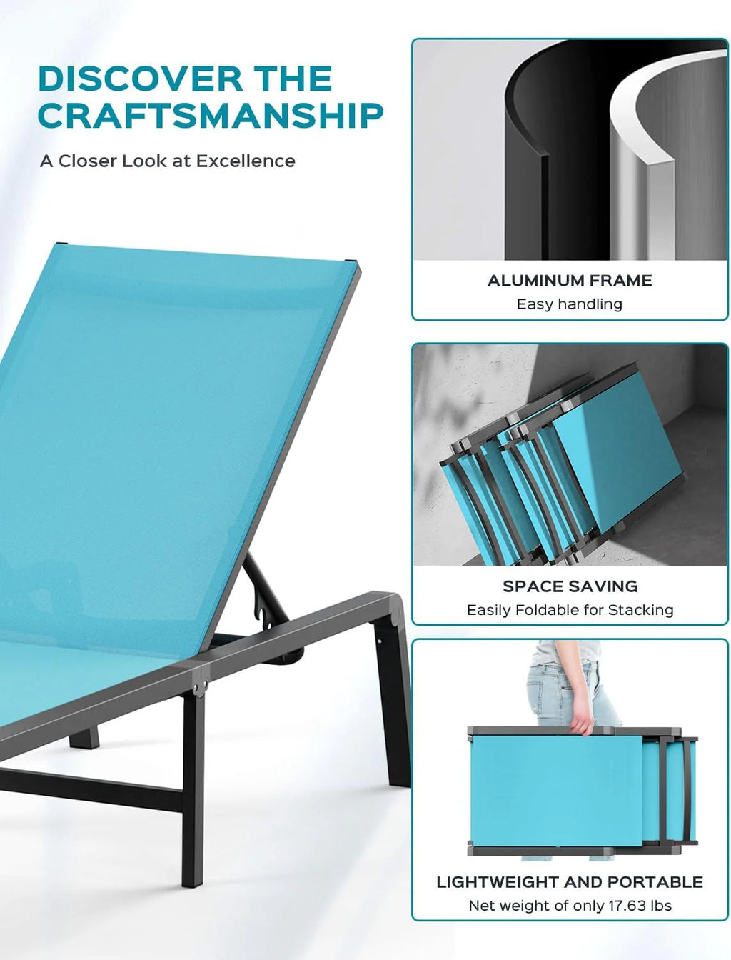 Chaise longue de jardin pliante en aluminium, sans montage, avec dossier réglable 5 positions, idéale pour terrasse, piscine et plage – Noir