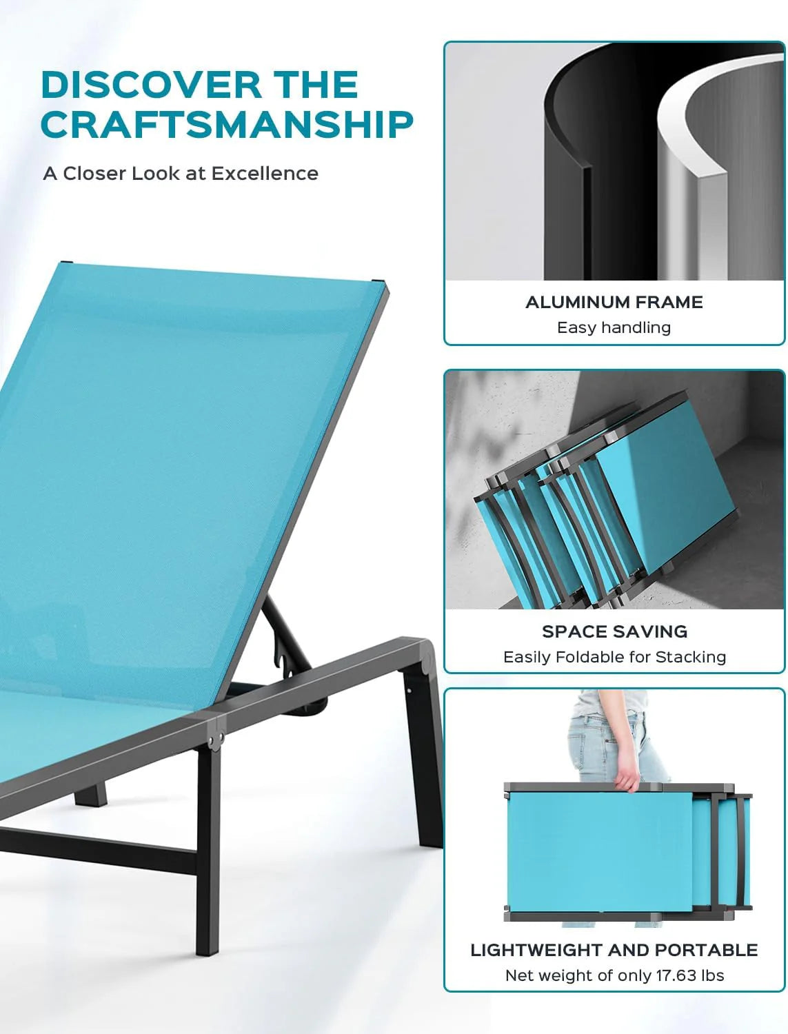 Chaise longue de jardin pliante en aluminium, sans montage, avec dossier réglable 5 positions, idéale pour terrasse, piscine et plage – Noir