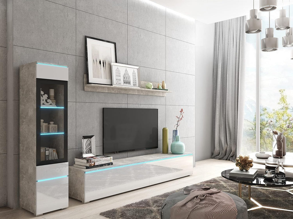 Ensemble de salon Piaski Vera I, éclairage LED en option, couleurs variées (béton/blanc brillant, sans éclairage LED)