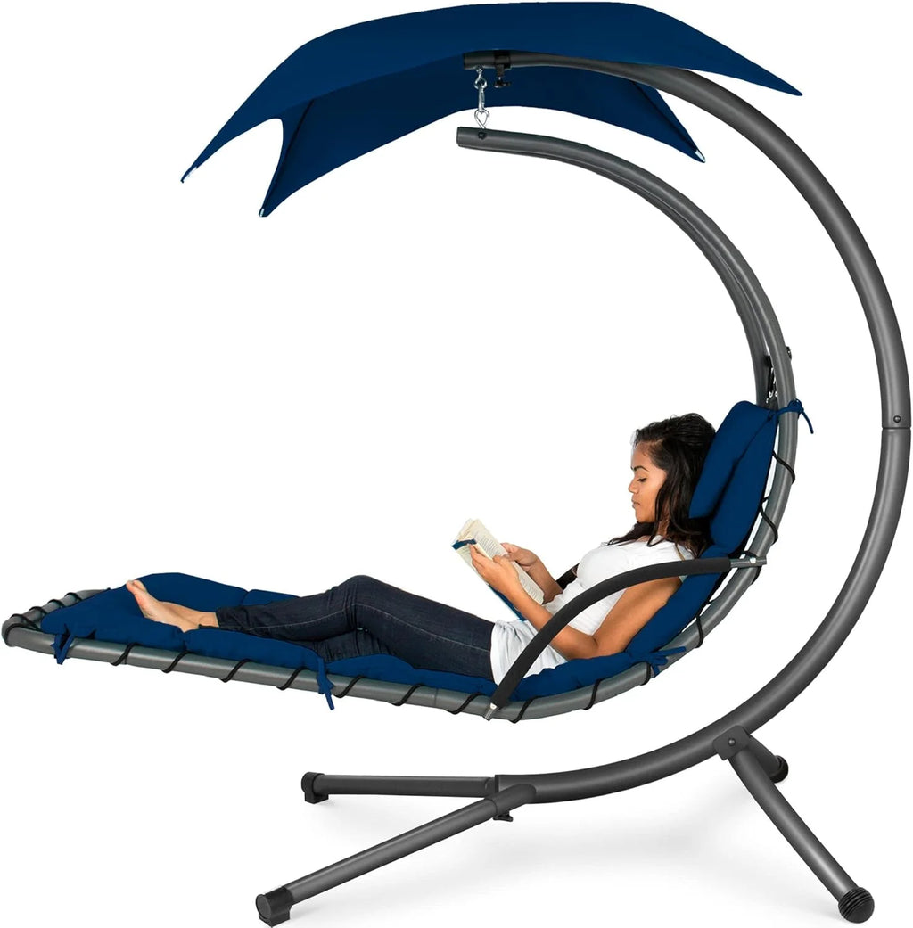 Chaise longue suspendue d'extérieur Best Choice Products – Fauteuil à bascule incurvé en acier avec coussin intégré et auvent amovible – Gris anthracite
