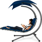 Chaise longue suspendue d'extérieur Best Choice Products – Fauteuil à bascule incurvé en acier avec coussin intégré et auvent amovible – Gris anthracite