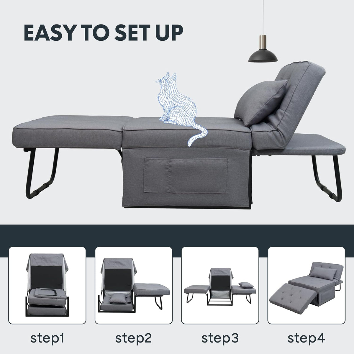 Canapé-lit FLEXISPOT, fauteuil-lit extensible et pliable, capacité de charge 300 kg, gris