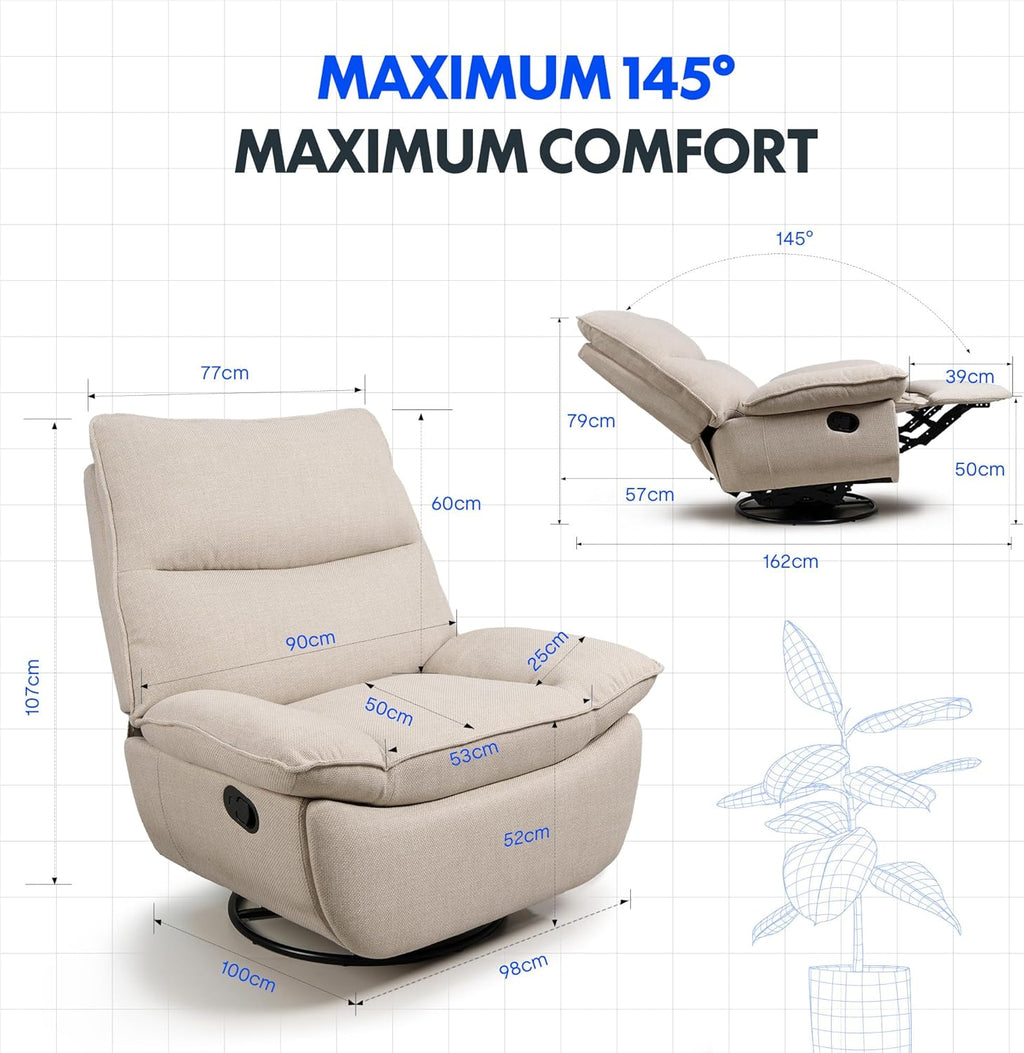 Fauteuil inclinable FLEXISPOT XC6, canapé pivotant à bascule, fauteuil TV avec dossier réglable, fauteuil inclinable pour chambre, salon et home cinéma (beige)