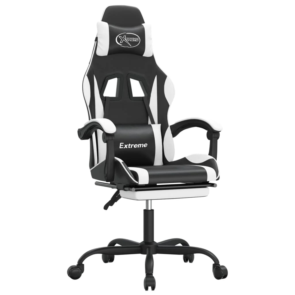 Chaise de jeu 2025 avec repose-pieds pivotant, similicuir noir et blanc V8635