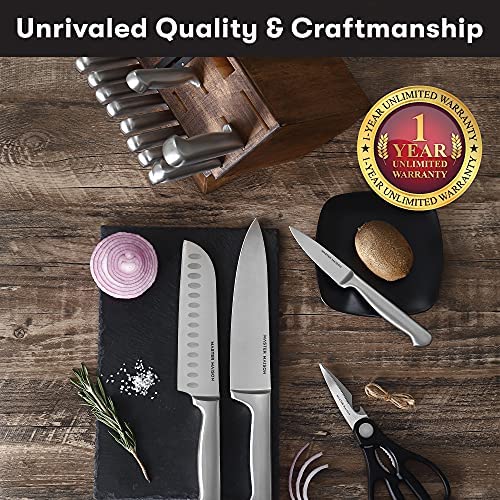 Coffret de couteaux de cuisine haut de gamme 19 pièces avec bloc en bois | Ménagère Master Maison en acier inoxydable allemand avec aiguiseur et 8 couteaux à steak