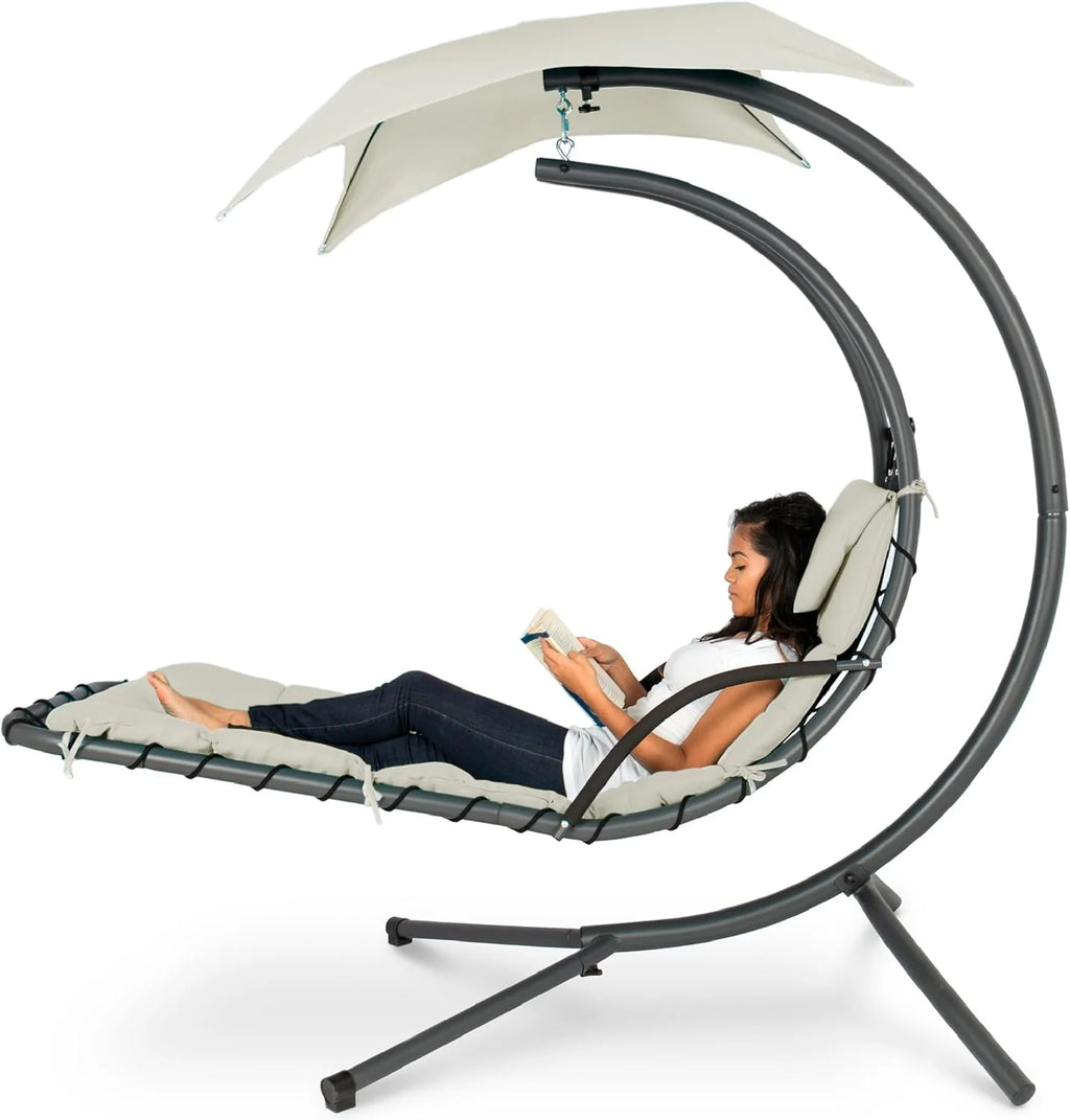 Chaise longue suspendue d'extérieur Best Choice Products – Fauteuil à bascule incurvé en acier avec coussin intégré et auvent amovible – Gris anthracite