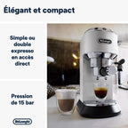 De'Longhi Dedica Style EC685.W, Machine à Café à Pompe en Acier Inoxydable Pour Café Moulu ou Dosettes, Machine à Espresso et Cappuccino, Réservoir de 1,3L, Système Anti-goutte, Blanc