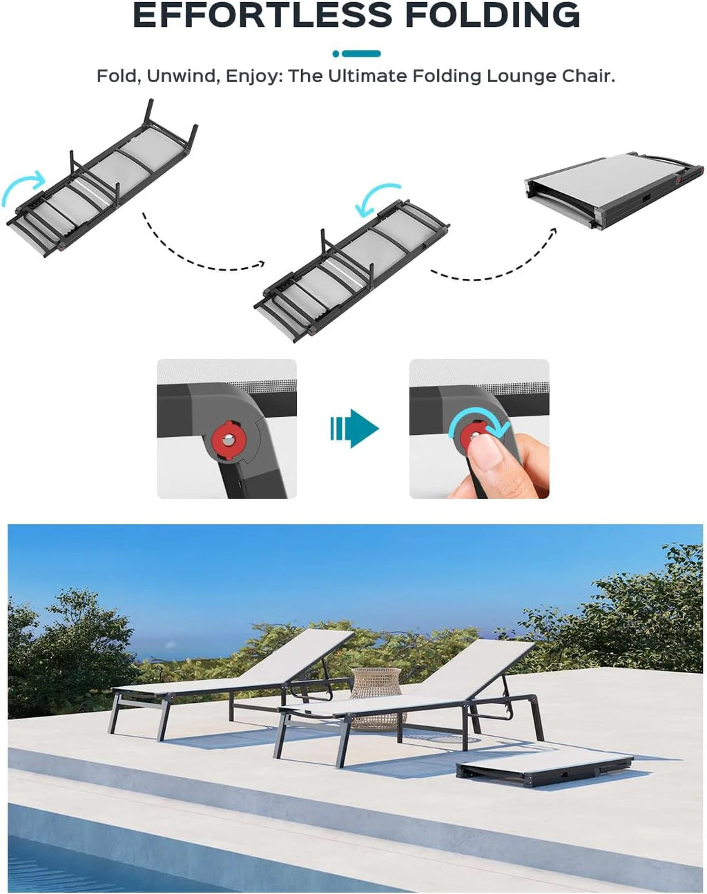 Chaise longue de jardin pliante en aluminium, sans montage, avec dossier réglable 5 positions, idéale pour terrasse, piscine et plage – Noir