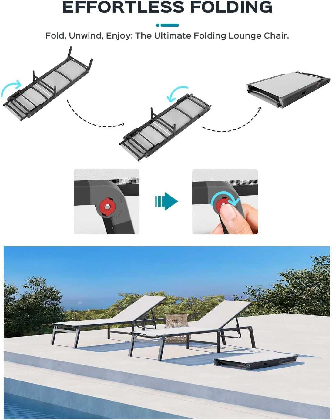 Chaise longue de jardin pliante en aluminium, sans montage, avec dossier réglable 5 positions, idéale pour terrasse, piscine et plage – Noir