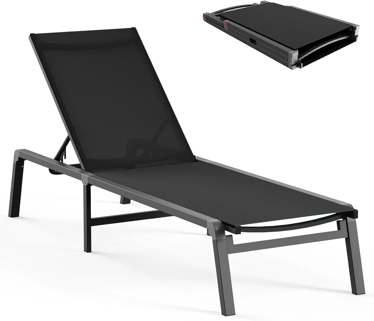 Chaise longue de jardin pliante en aluminium, sans montage, avec dossier réglable 5 positions, idéale pour terrasse, piscine et plage – Noir