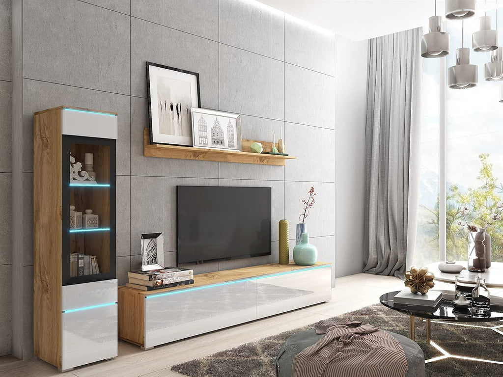 Ensemble de salon Piaski Vera I, éclairage LED en option, couleurs variées (béton/blanc brillant, sans éclairage LED)
