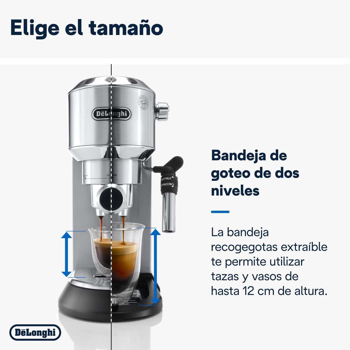 Machine à café De'Longhi Dedica - Acier inoxydable, pompe, pour café moulu ou dosettes, expresso et cappuccino, réservoir de 1,3 litre, système anti-gouttes, modèle EC685.M, couleur métal