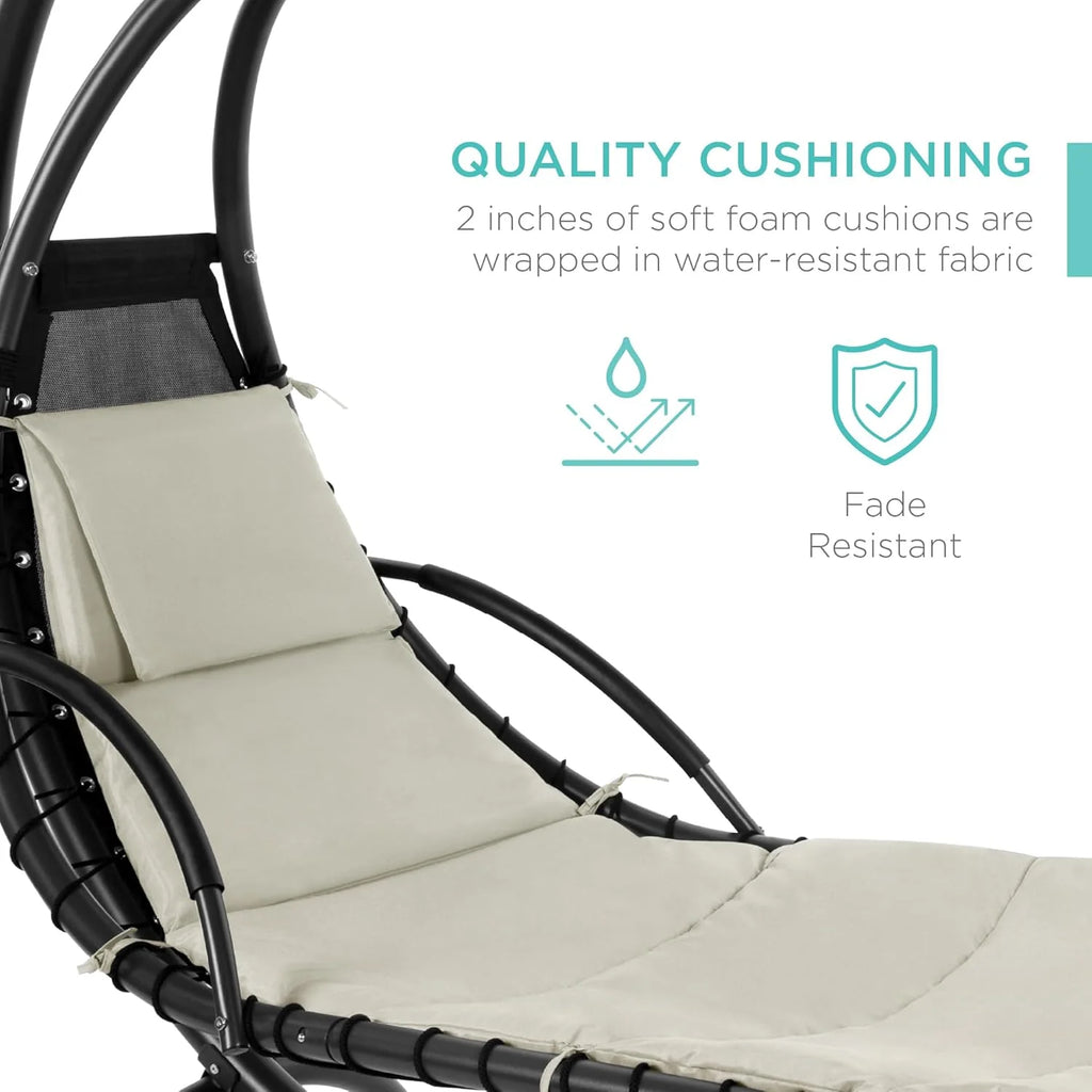 Chaise longue suspendue d'extérieur Best Choice Products – Fauteuil à bascule incurvé en acier avec coussin intégré et auvent amovible – Gris anthracite