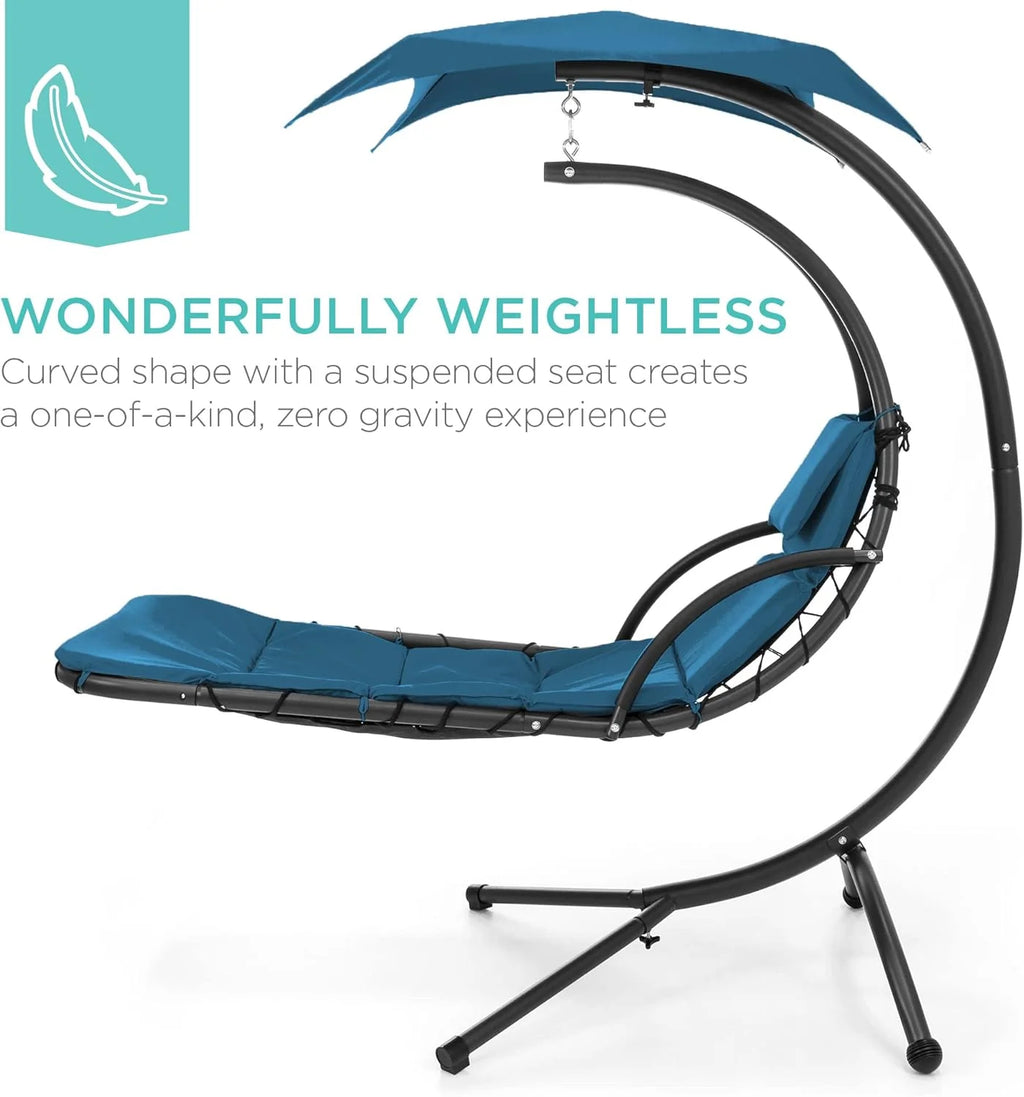Chaise longue suspendue d'extérieur Best Choice Products – Fauteuil à bascule incurvé en acier avec coussin intégré et auvent amovible – Gris anthracite