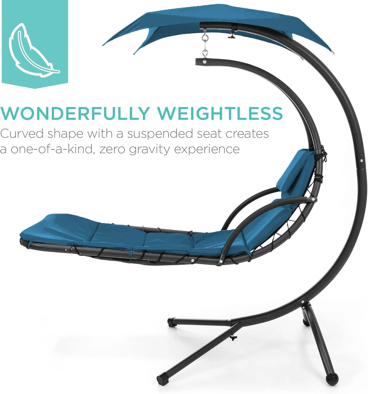 Chaise longue suspendue d'extérieur Best Choice Products – Fauteuil à bascule incurvé en acier avec coussin intégré et auvent amovible – Gris anthracite
