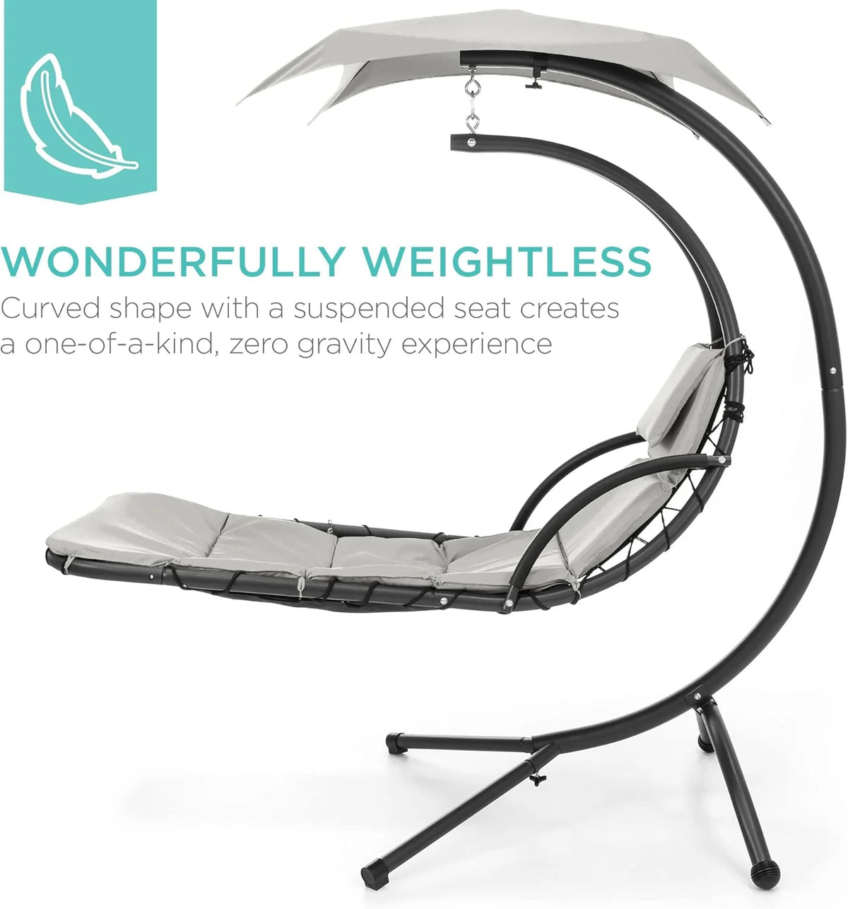 Chaise longue suspendue d'extérieur Best Choice Products – Fauteuil à bascule incurvé en acier avec coussin intégré et auvent amovible – Gris anthracite
