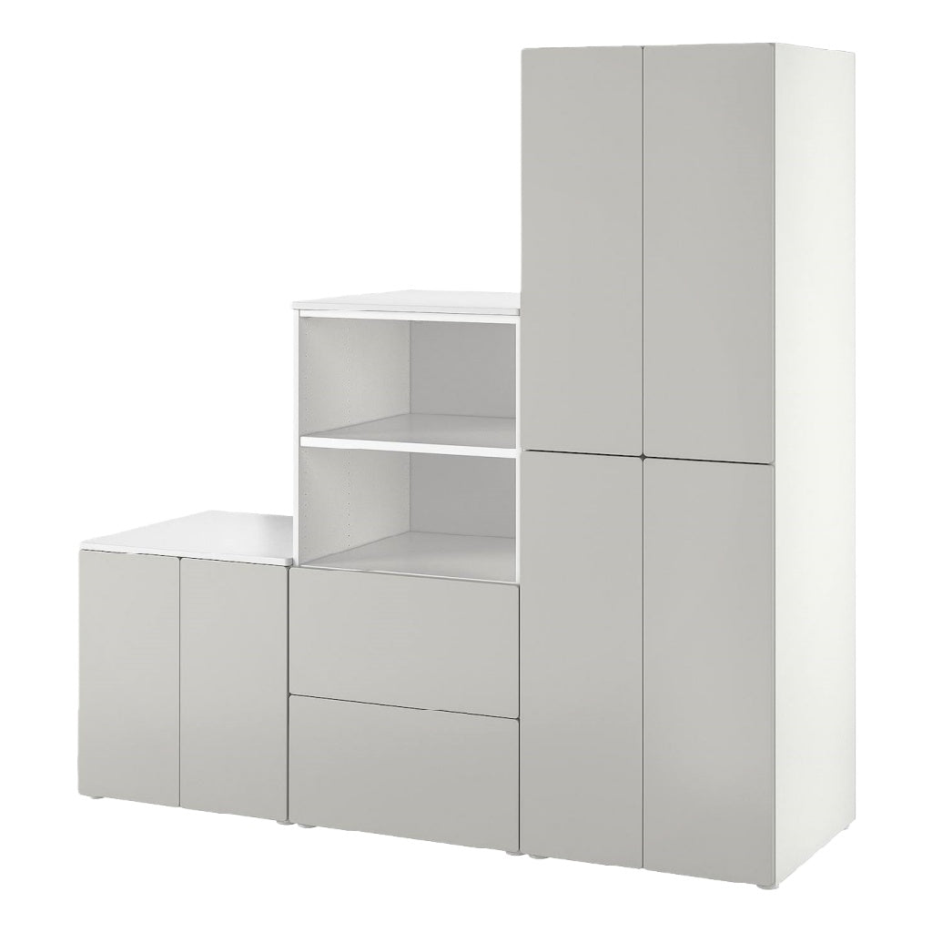 Armoire modulaire blanche avec rangements ouverts et fermés