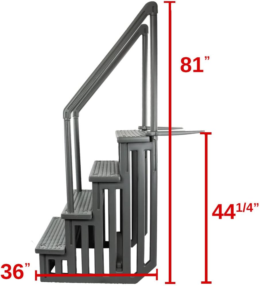 Échelle antidérapante pour piscines hors sol | Grise | Pour piscines hors sol avec une hauteur de terrasse de 122 à 137 cm | Échelle de sécurité supportant jusqu'à 136 kg