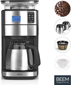 BEEM FRESH-AROMA-PERFECT II Filterkaffeemaschine mit Mahlwerk - Thermo | Edelstahl | Thermokanne | 24h-Timer | 1000 W | 180 g Bohnenbehälter