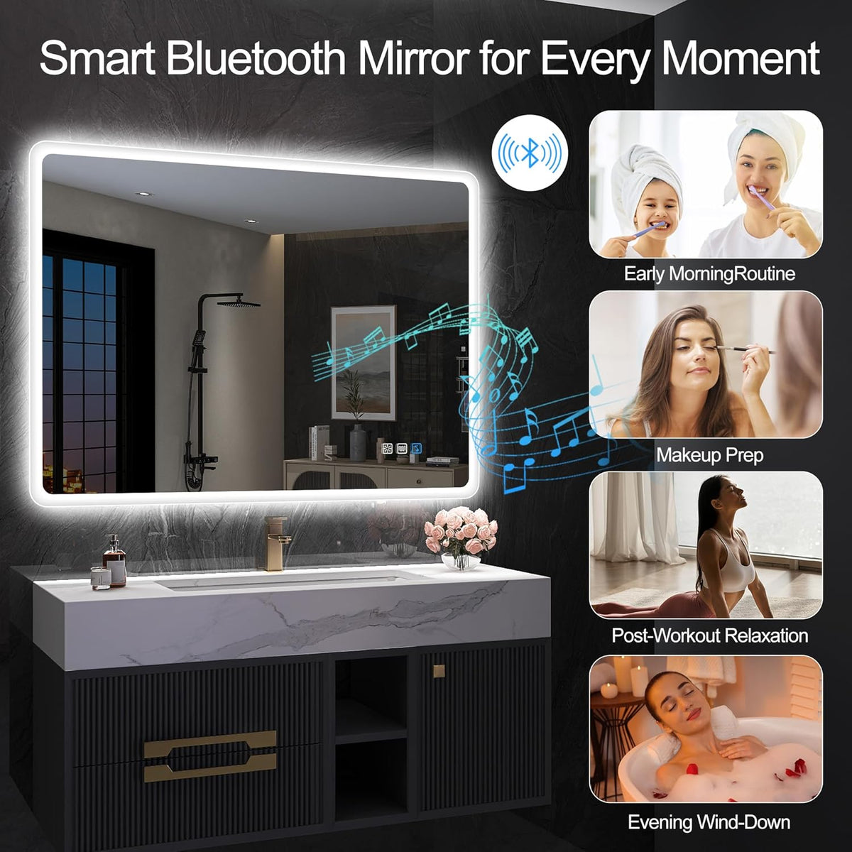 Miroir de salle de bain S'bagno avec éclairage 1200 x 700 mm, IP44, LED, Bluetooth, antibuée, 3 couleurs de lumière (3 000 K, 4 000 K, 6 500 K), intensité variable, mémoire, vertical ou horizontal. Miroirs de salle de bain avec LED.