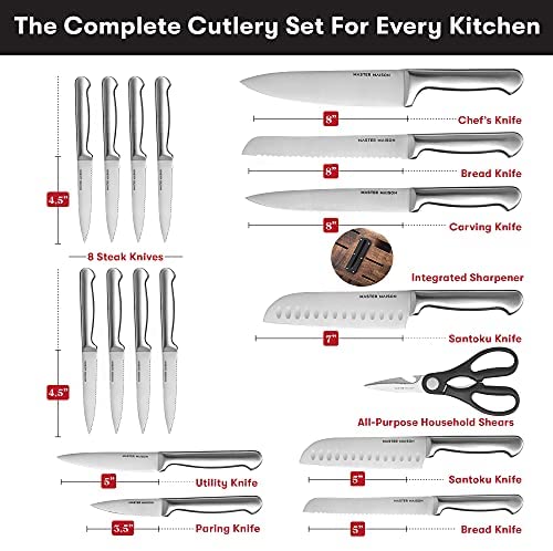 Coffret de couteaux de cuisine haut de gamme 19 pièces avec bloc en bois | Ménagère Master Maison en acier inoxydable allemand avec aiguiseur et 8 couteaux à steak
