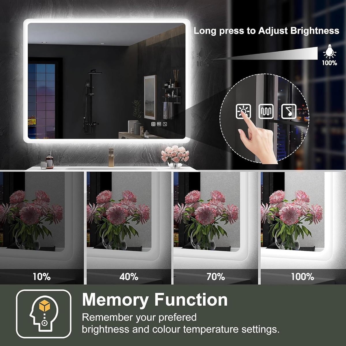 Miroir de salle de bain S'bagno avec éclairage 1200 x 700 mm, IP44, LED, Bluetooth, antibuée, 3 couleurs de lumière (3 000 K, 4 000 K, 6 500 K), intensité variable, mémoire, vertical ou horizontal. Miroirs de salle de bain avec LED.