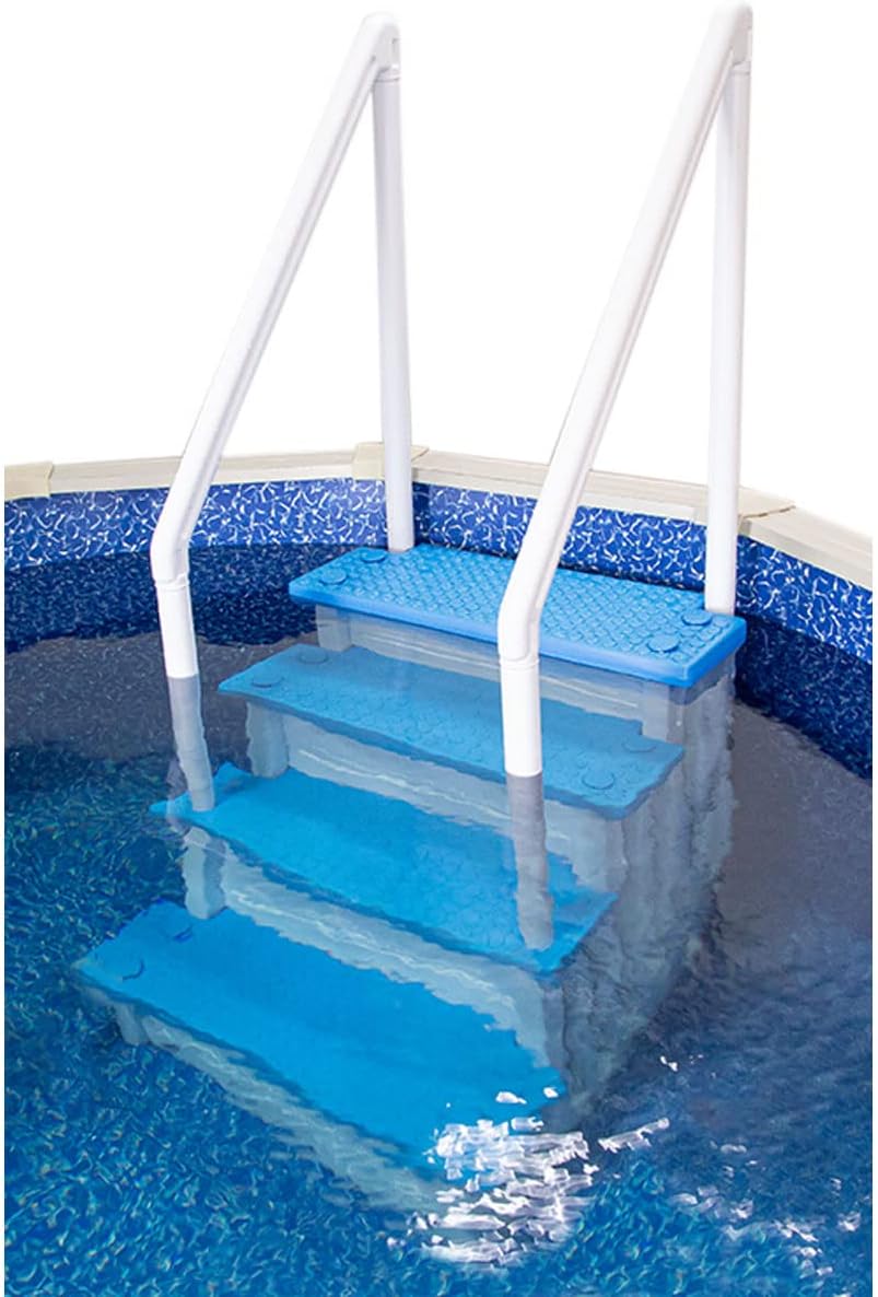 Marches antidérapantes Aqua Select pour piscines hors sol | Bleues | Pour piscines hors sol | Installation possible sur des terrasses de 122 à 137 cm de hauteur | Échelle de sécurité supportant jusqu'à 113 kg