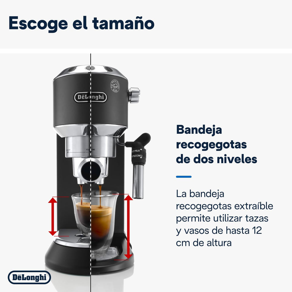 Machine à café De'Longhi Dedica - Acier inoxydable, pompe, pour café moulu ou dosettes, expresso et cappuccino, réservoir de 1,3 litre, système anti-gouttes, modèle EC685.M, couleur métal