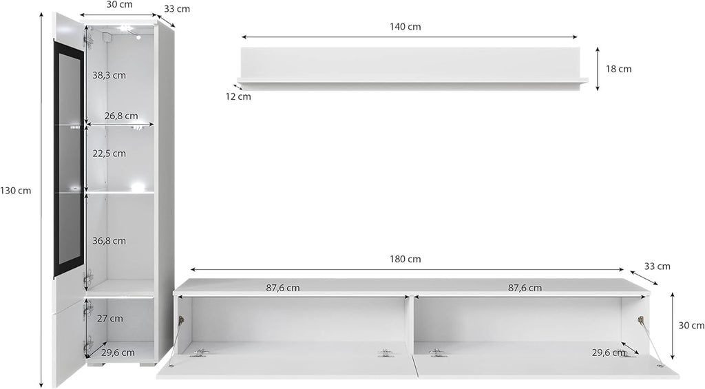 Ensemble de salon Piaski Vera I, éclairage LED en option, couleurs variées (béton/blanc brillant, sans éclairage LED)