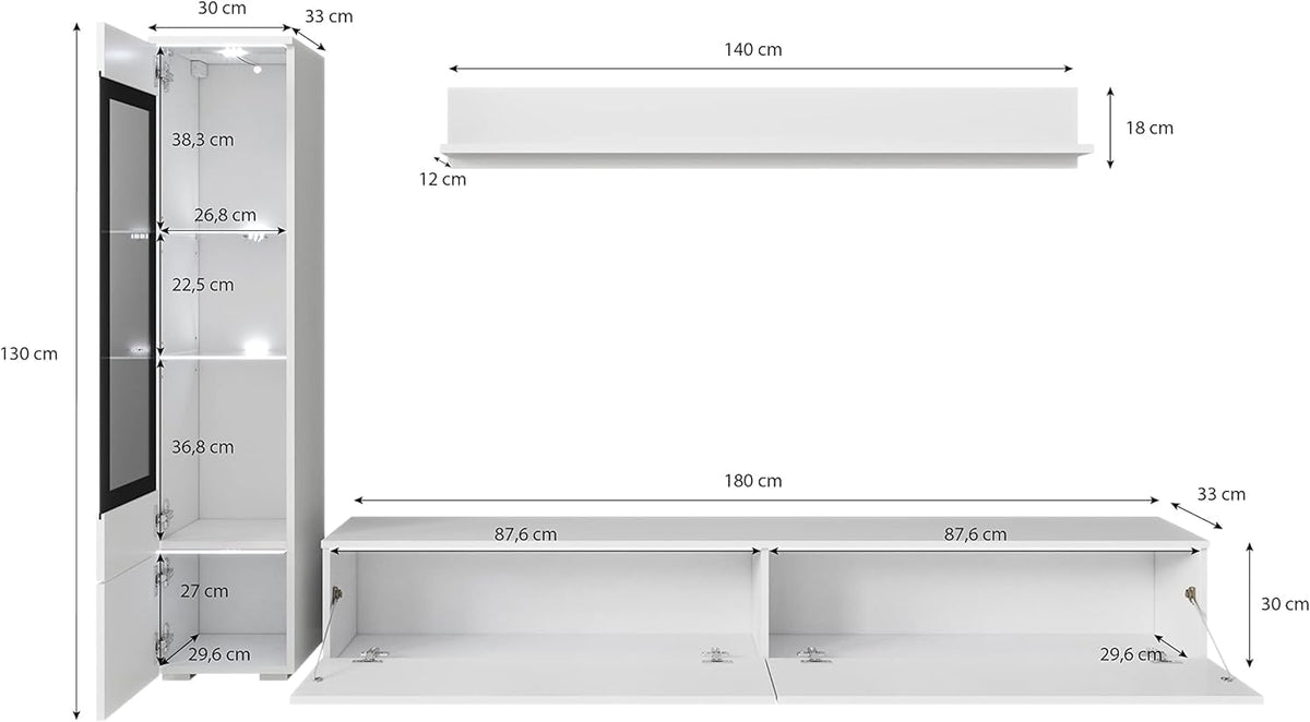 Ensemble de salon Piaski Vera I, éclairage LED en option, couleurs variées (béton/blanc brillant, sans éclairage LED)