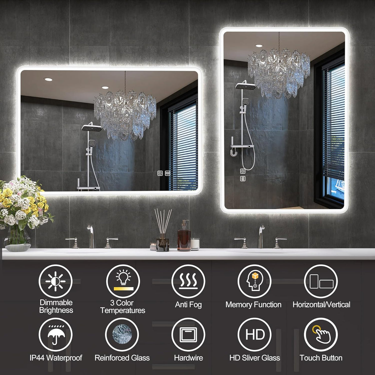 Miroir de salle de bain S'bagno avec éclairage 1200 x 700 mm, IP44, LED, Bluetooth, antibuée, 3 couleurs de lumière (3 000 K, 4 000 K, 6 500 K), intensité variable, mémoire, vertical ou horizontal. Miroirs de salle de bain avec LED.