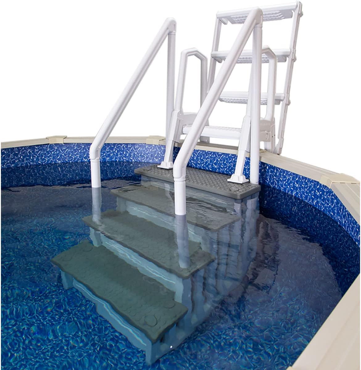 Échelle antidérapante pour piscines hors sol | Grise | Pour piscines hors sol avec une hauteur de terrasse de 122 à 137 cm | Échelle de sécurité supportant jusqu'à 136 kg