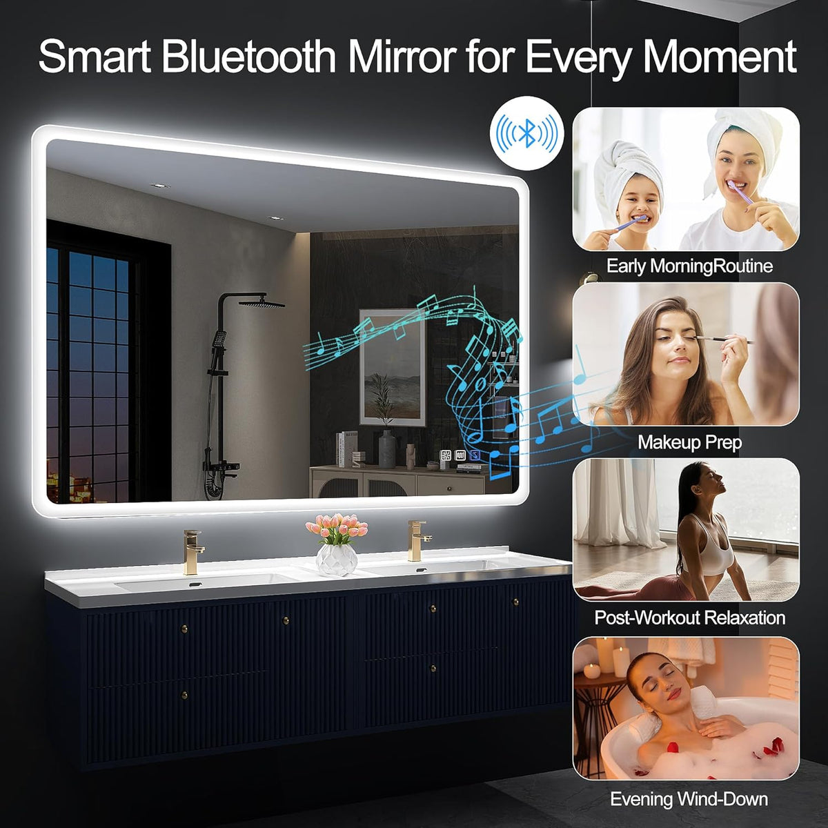 Miroir de salle de bain S'bagno avec éclairage 1200 x 700 mm, IP44, LED, Bluetooth, antibuée, 3 couleurs de lumière (3 000 K, 4 000 K, 6 500 K), intensité variable, mémoire, vertical ou horizontal. Miroirs de salle de bain avec LED.