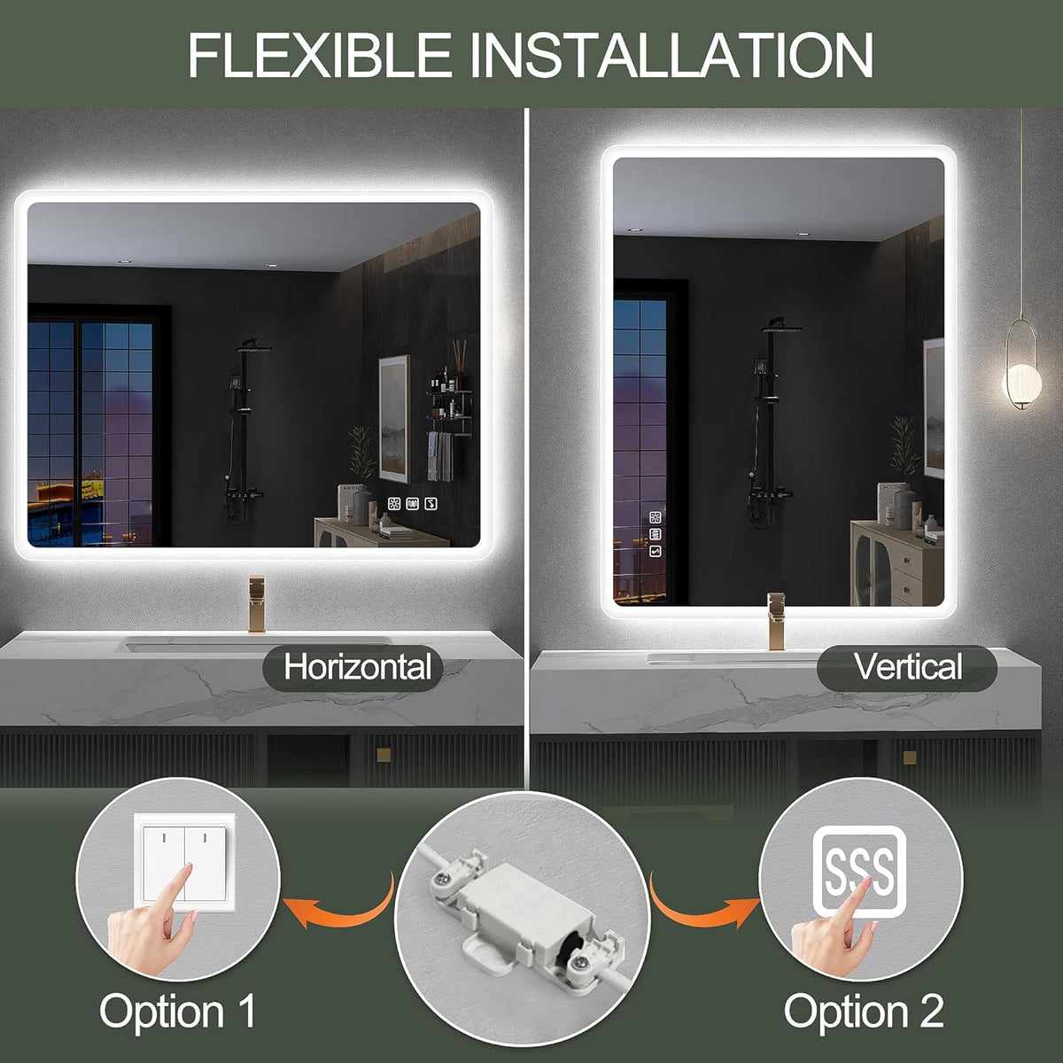 Miroir de salle de bain S'bagno avec éclairage 1200 x 700 mm, IP44, LED, Bluetooth, antibuée, 3 couleurs de lumière (3 000 K, 4 000 K, 6 500 K), intensité variable, mémoire, vertical ou horizontal. Miroirs de salle de bain avec LED.