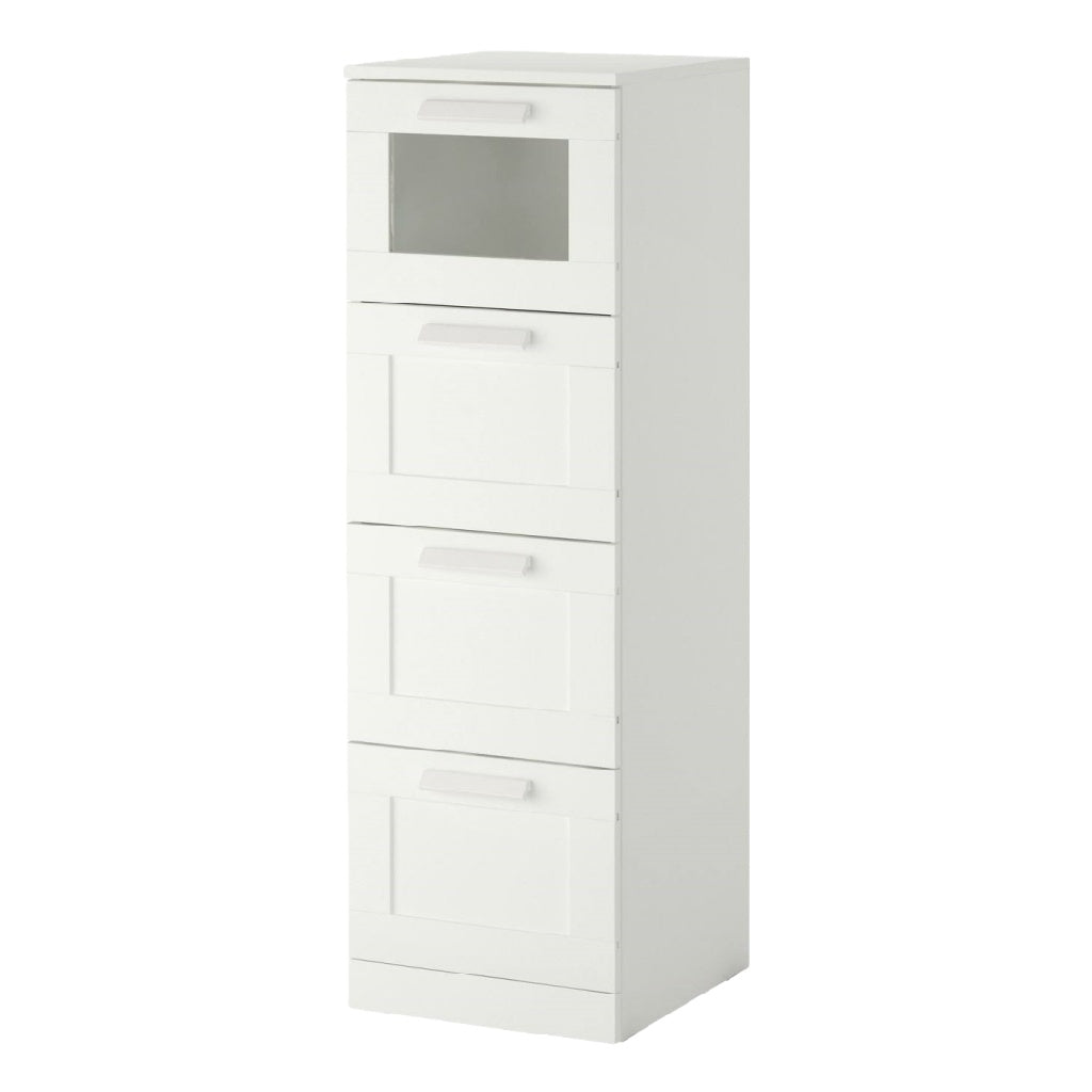 Meuble de rangement 4 tiroirs en bois blanc avec façade vitrée – 40×120×40 cm, garantie 2 ans