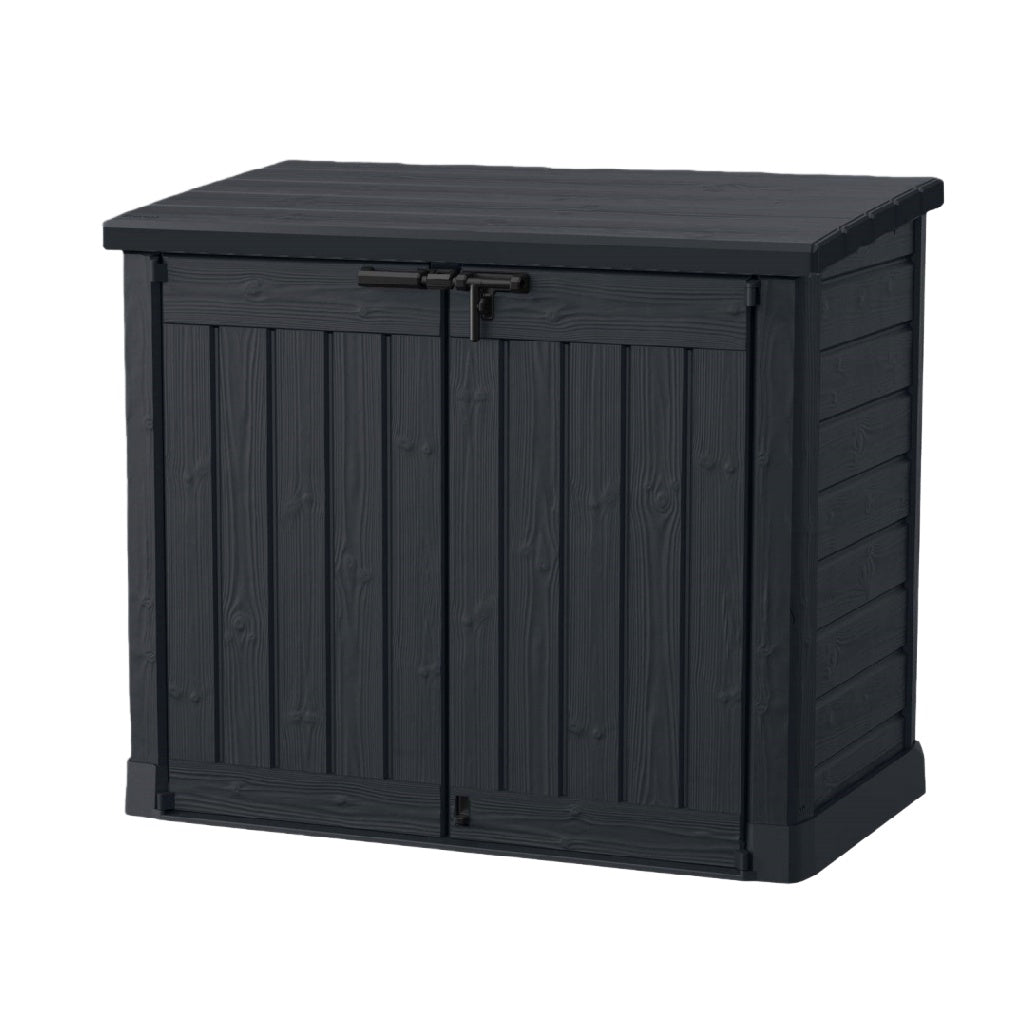 Coffre de rangement de jardin effet bois noir, armoire basse en résine PP étanche