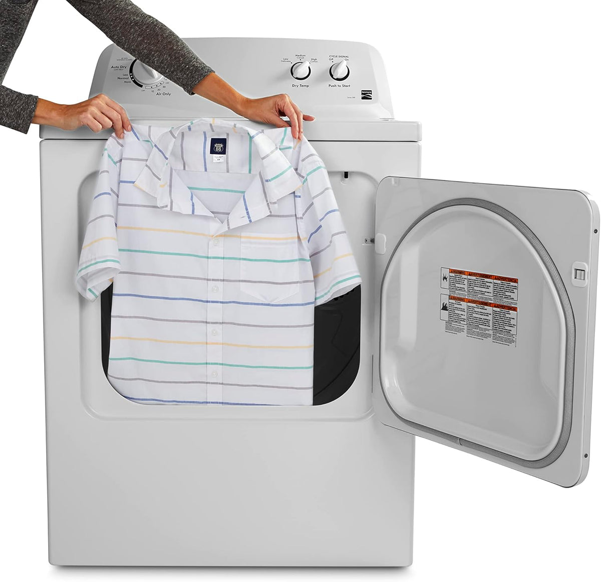 Sèche-linge électrique Kenmore à chargement frontal de 74 cm (29 po) avec protection anti-froissage et capacité totale de 198 litres (7 pi³), blanc