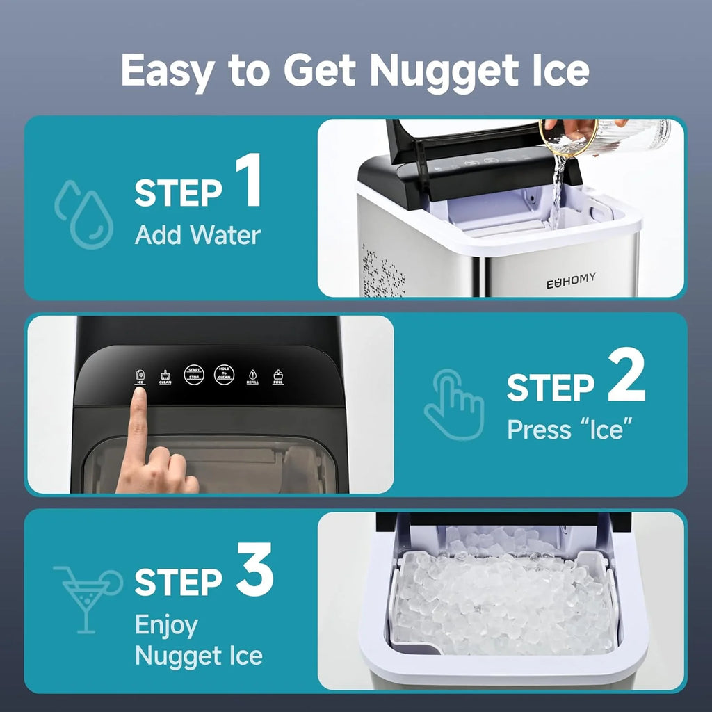 Machine à glaçons de comptoir EUHOMY – Prête en 8 minutes. 16 kg/24 h. Autonettoyante. Machine à glaçons portable avec pelle et seau. Glaçons comestibles produits par ultrasons pour la maison, les fêtes, le camping ou les caravanes.