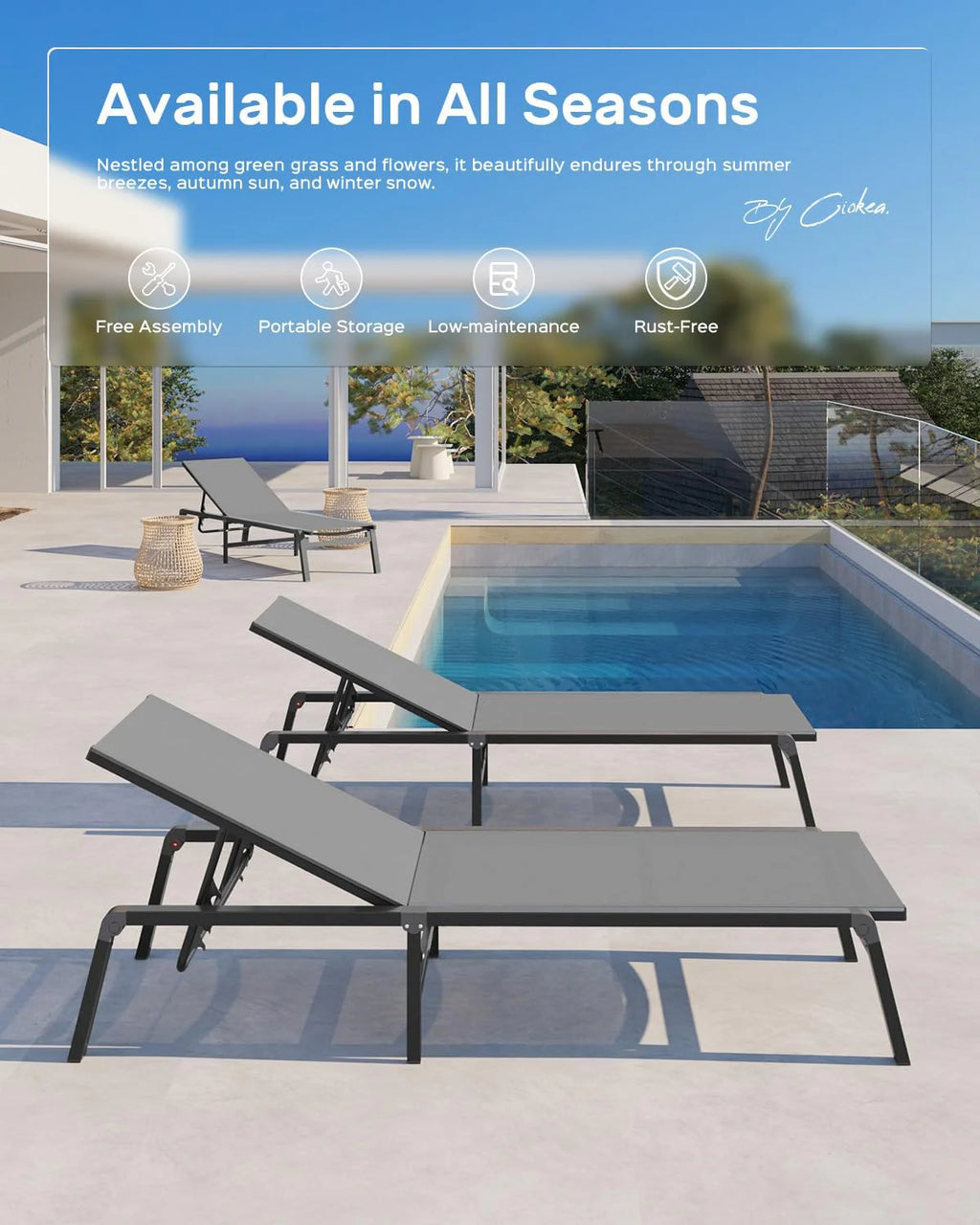 Chaise longue de jardin pliante en aluminium, sans montage, avec dossier réglable 5 positions, idéale pour terrasse, piscine et plage – Noir