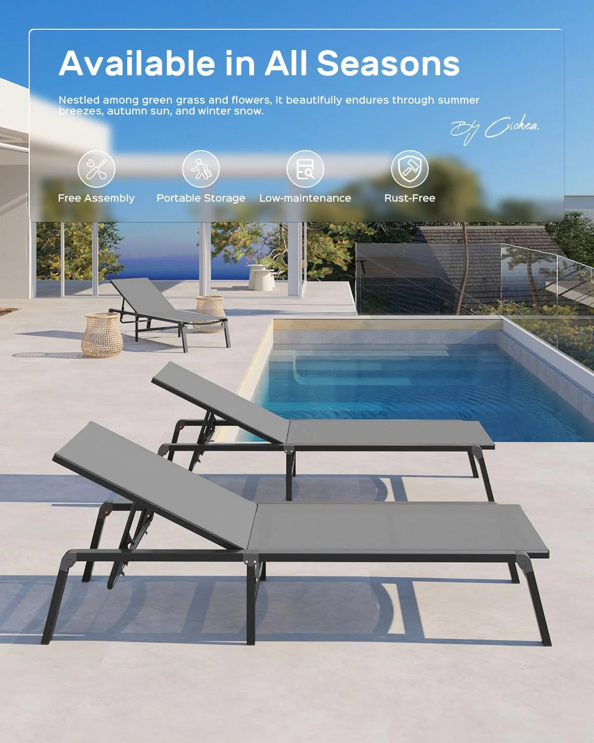 Chaise longue de jardin pliante en aluminium, sans montage, avec dossier réglable 5 positions, idéale pour terrasse, piscine et plage – Noir