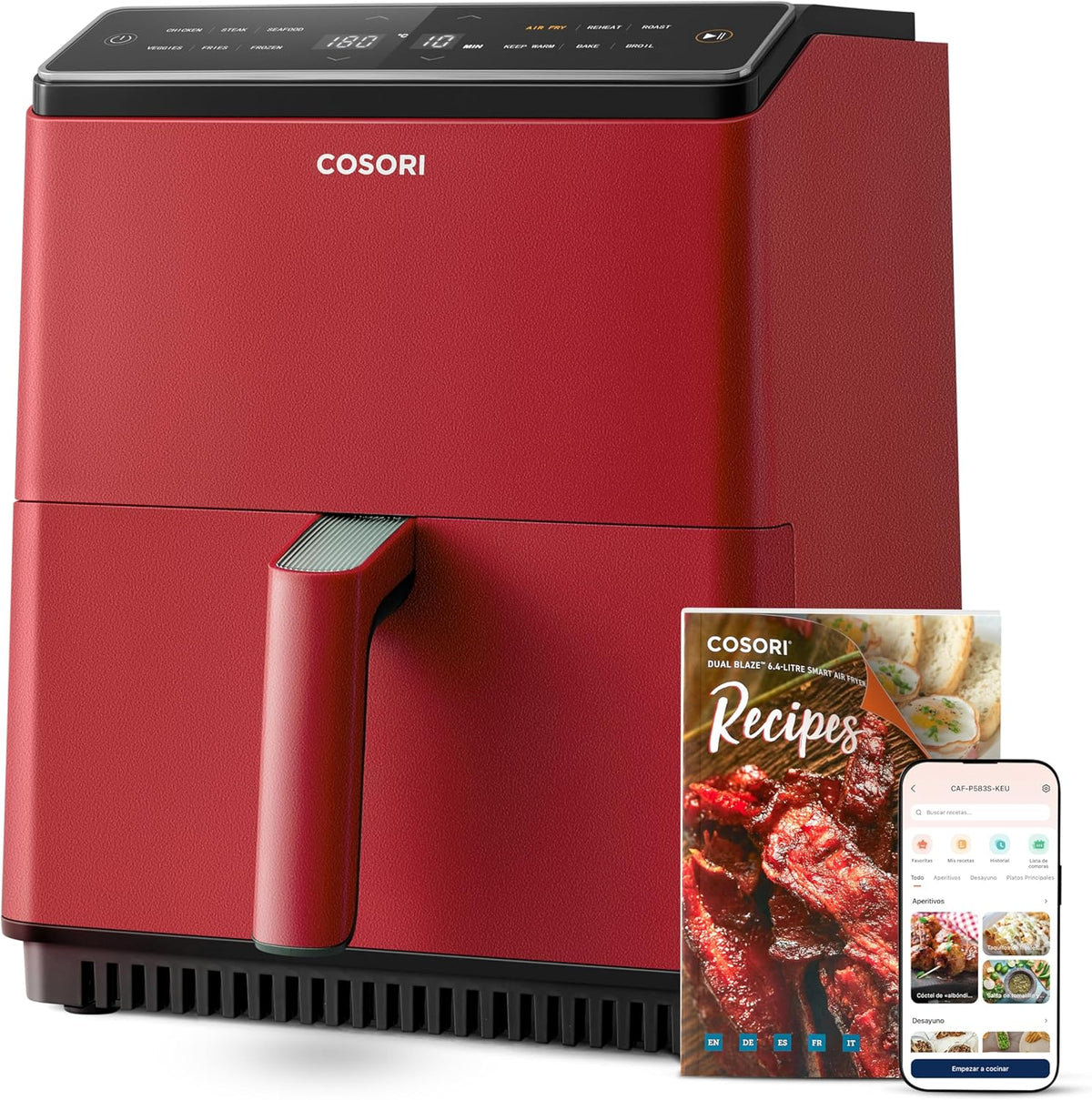 Friteuse à air sans huile COSORI 6,4 L, double chauffage, sans remuer ni préchauffer, avec recettes en espagnol et 12 programmes, gris foncé, modèle CAF-P583S